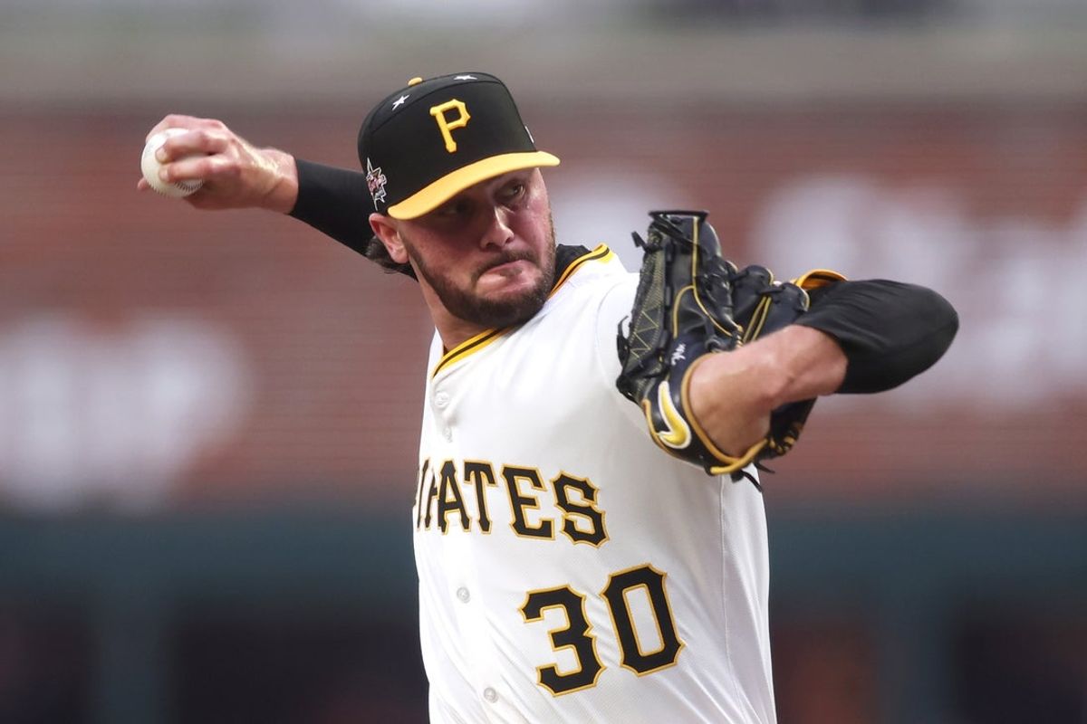 Jul 15, 2025; Cumberland, Georgia, USA; National League pitcher Paul Skenes (30) of the Pittsburgh Pirates pitches in the first inning against the American League during the 2025 MLB All Star Game at Truist Park. Mandatory Credit: Brett Davis-Imagn Images