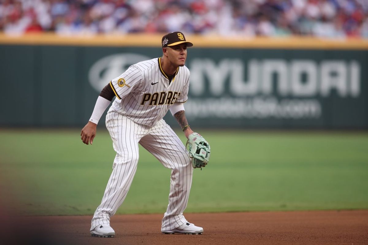 Jul 15, 2025; Cumberland, Georgia, USA; National League third baseman Manny Machado (13) of the San Diego Padres looks on during the 2025 MLB All Star Game at Truist Park. Mandatory Credit: Brett Davis-Imagn Images