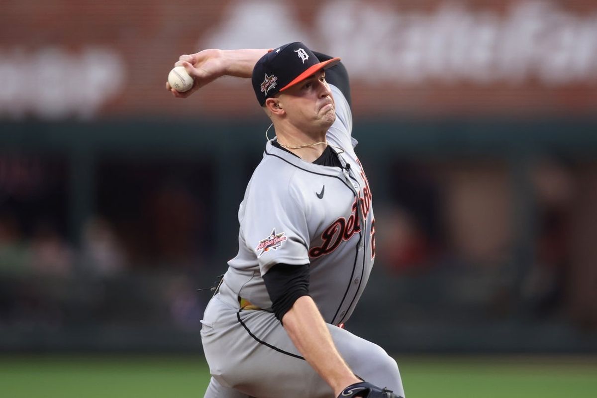 Jul 15, 2025; Cumberland, Georgia, USA; American League pitcher Tarik Skubal (29) of the Detroit Tigers pitches in the first inning during the 2025 MLB All Star Game at Truist Park. Mandatory Credit: Brett Davis-Imagn Images