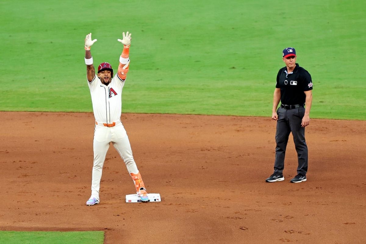 Jul 15, 2025; Cumberland, Georgia, USA; National League second baseman Ketel Marte (4) of the Arizona Diamondbacks celebrates after a double during the first inning during the 2025 MLB All Star Game at Truist Park. Mandatory Credit: Jordan Godfree-Imagn Images