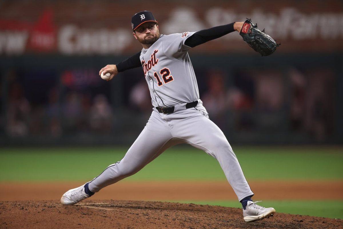 Jul 15, 2025; Cumberland, Georgia, USA; American League pitcher Casey Mize (12) of the Detroit Tigers pitches in the sixth inning during the 2025 MLB All Star Game at Truist Park. Mandatory Credit: Brett Davis-Imagn Images