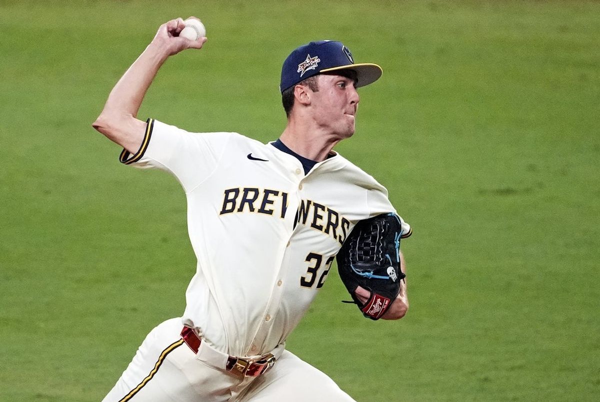 Jul 15, 2025; Cumberland, Georgia, USA; National League pitcher Jacob Misiorowski of the Milwaukee Brewers pitches during the eighth inning during the 2025 MLB All Star Game at Truist Park. Mandatory Credit: Dale Zanine-Imagn Images