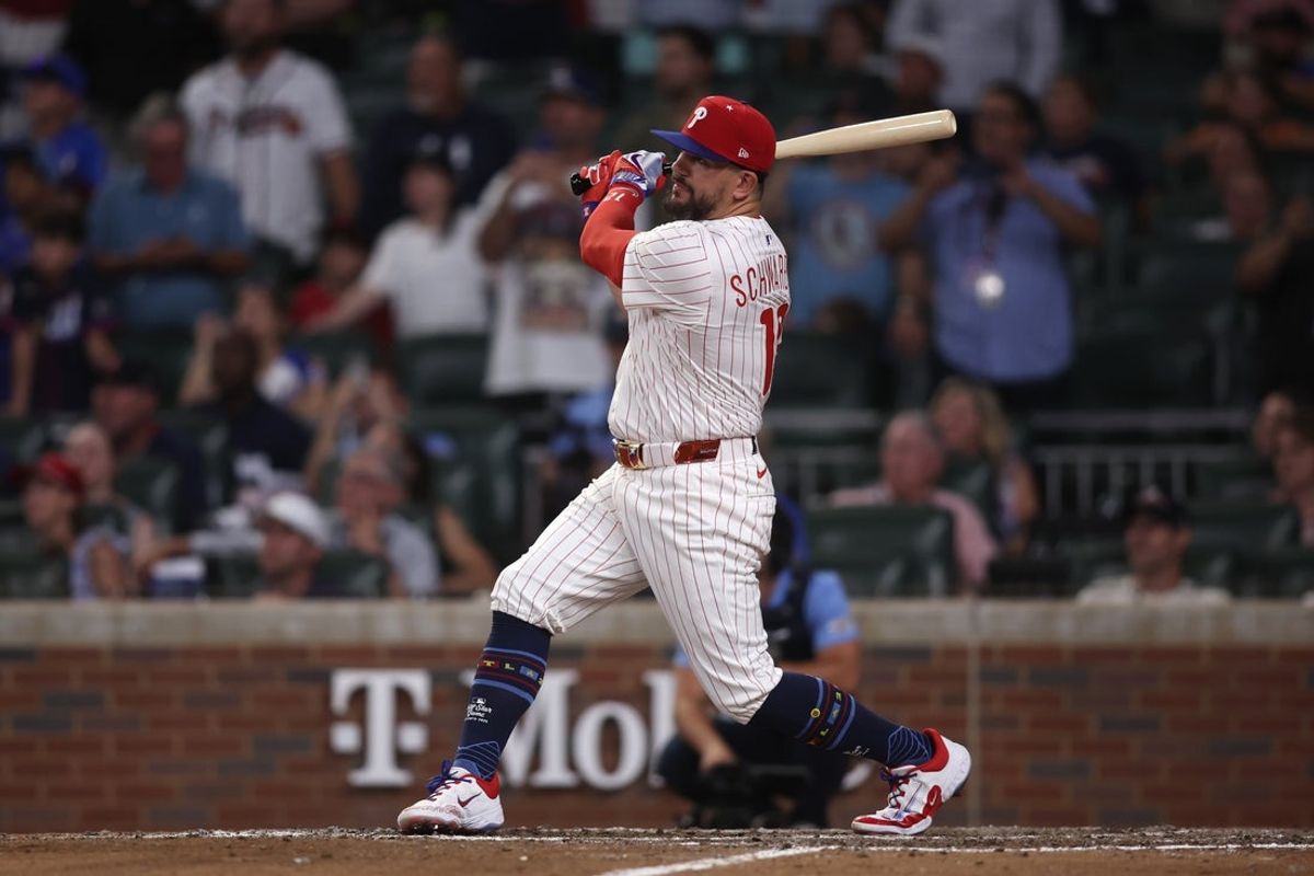 Jul 15, 2025; Cumberland, Georgia, USA; National League designated hitter Kyle Schwarber (12) of the Philadelphia Phillies hits in the home run swing off tiebreaker during the 2025 MLB All Star Game at Truist Park. Mandatory Credit: Brett Davis-Imagn Images