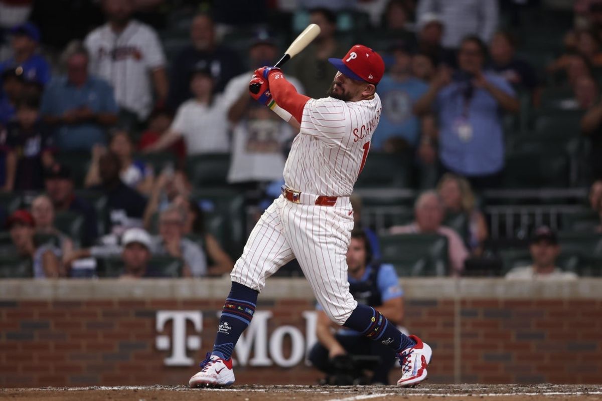 Jul 15, 2025; Cumberland, Georgia, USA; National League designated hitter Kyle Schwarber (12) of the Philadelphia Phillies hits in the home run swing off tiebreaker during the 2025 MLB All Star Game at Truist Park. Mandatory Credit: Brett Davis-Imagn Images