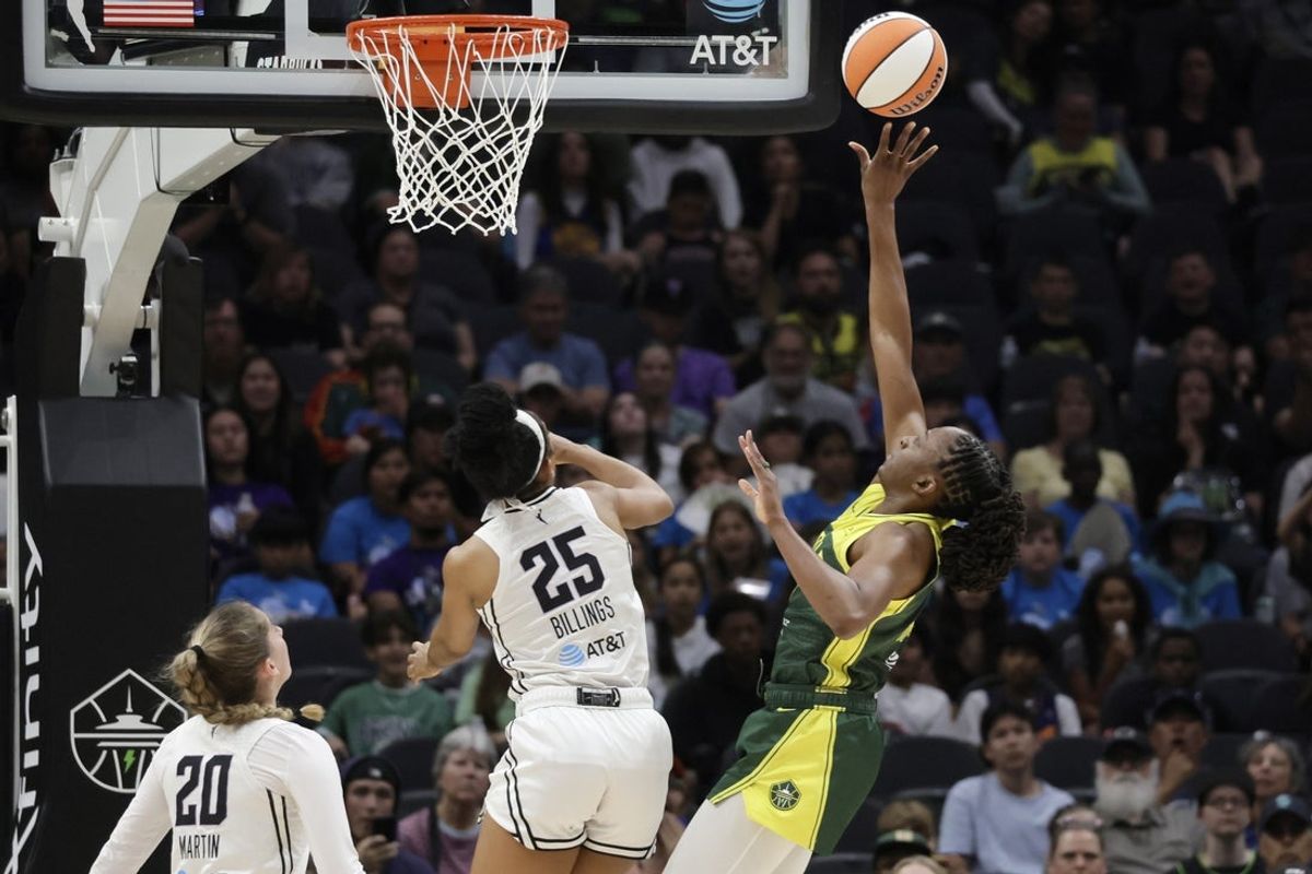 Jul 16, 2025; Seattle, Washington, USA; Seattle Storm forward Nneka Ogwumike (3) shoots against Golden State Valkyries forward Monique Billings (25) during the first half at Climate Pledge Arena. Mandatory Credit: John Froschauer-Imagn Images