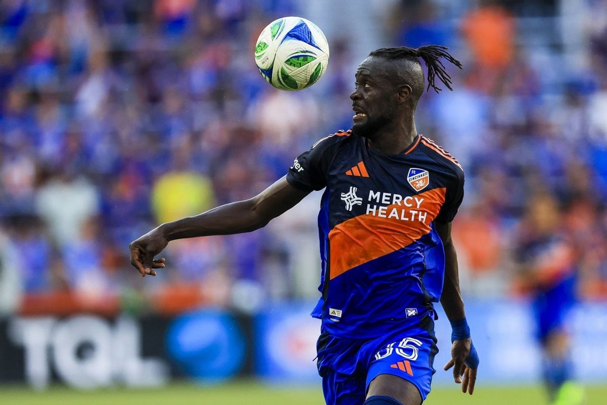 Jul 16, 2025; Cincinnati, Ohio, USA; FC Cincinnati forward Kei Kamara (85) controls the ball against Inter Miami CF in the first half at TQL Stadium. Mandatory Credit: Katie Stratman-Imagn Images