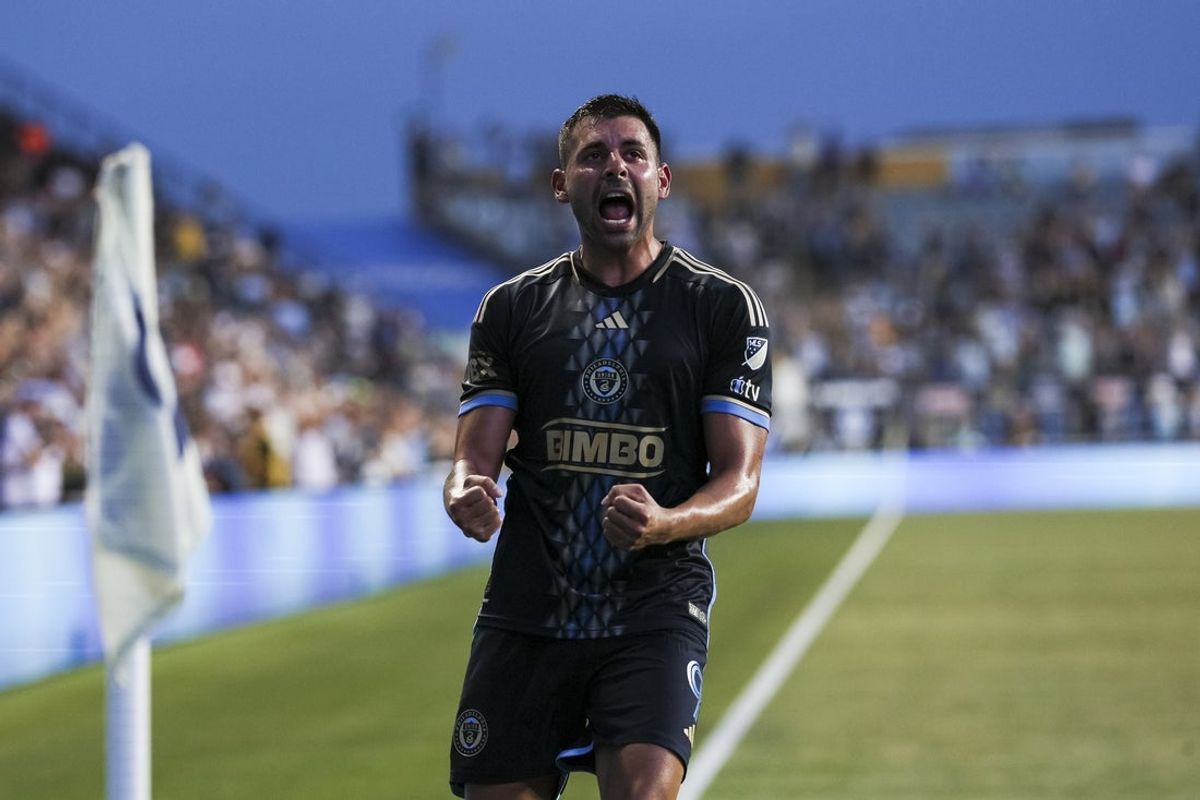 Jul 16, 2025; Chester, Pennsylvania, USA; Philadelphia Union forward Tai Baribo (9) celebrates after scoring a goal against CF Montréal during the first half at Subaru Park. Mandatory Credit: Caean Couto-Imagn Images