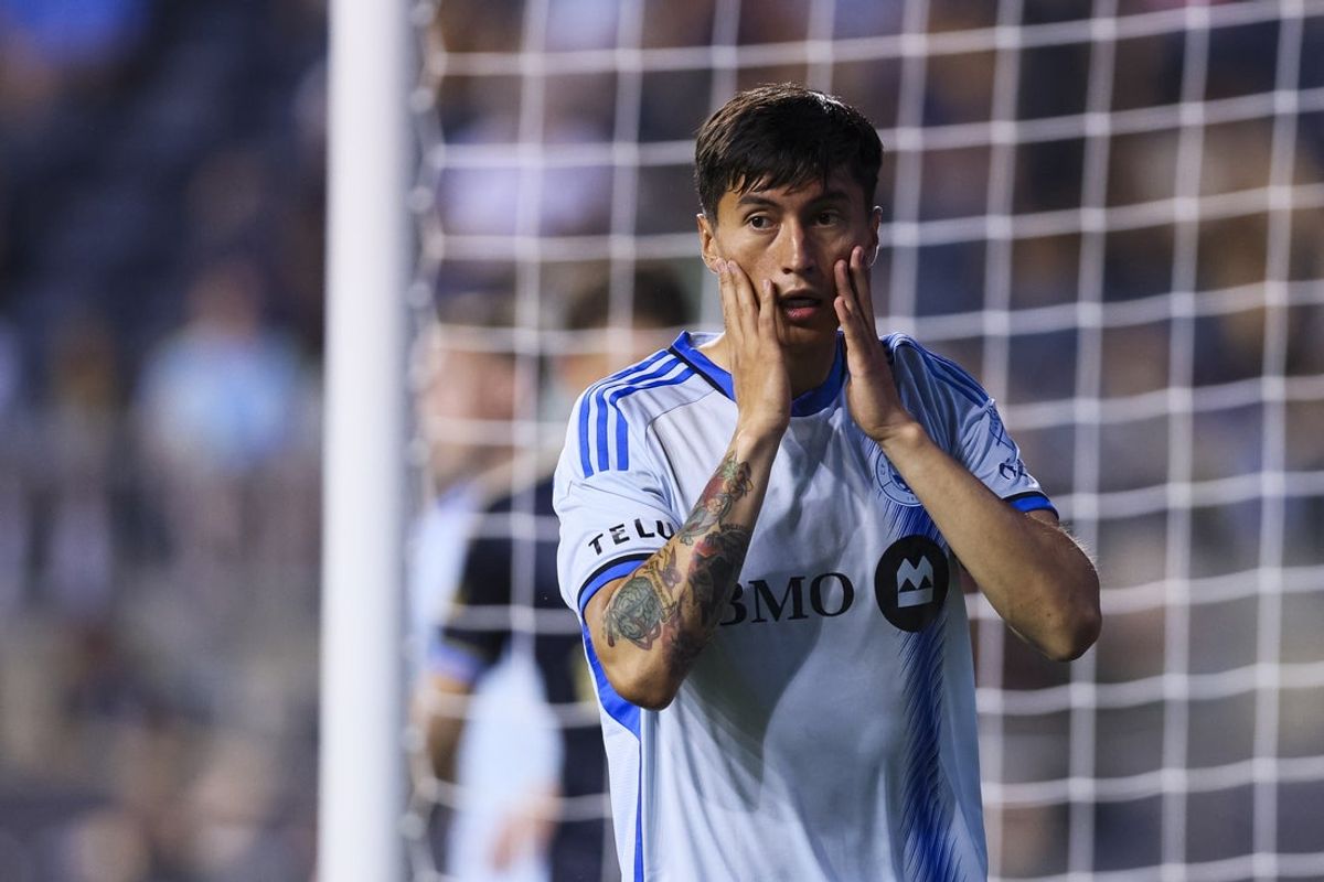 Jul 16, 2025; Chester, Pennsylvania, USA; CF Montréal defender Fernando Alvarez (4) reacts after a missed opportunity against the Philadelphia Union during the second half at Subaru Park. Mandatory Credit: Caean Couto-Imagn Images