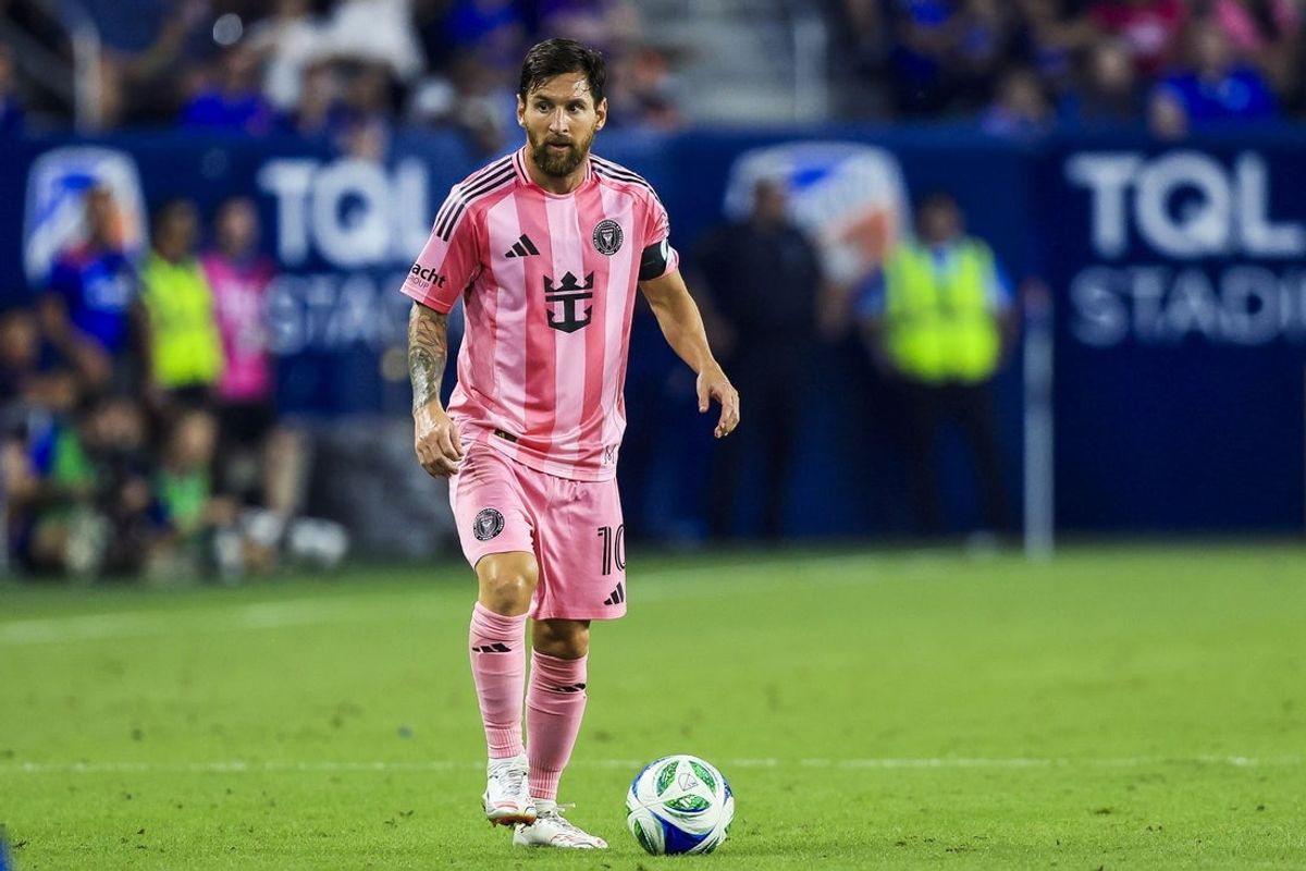 Jul 16, 2025; Cincinnati, Ohio, USA; Inter Miami CF forward Lionel Messi (10) dribbles against FC Cincinnati in the second half at TQL Stadium. Mandatory Credit: Katie Stratman-Imagn Images