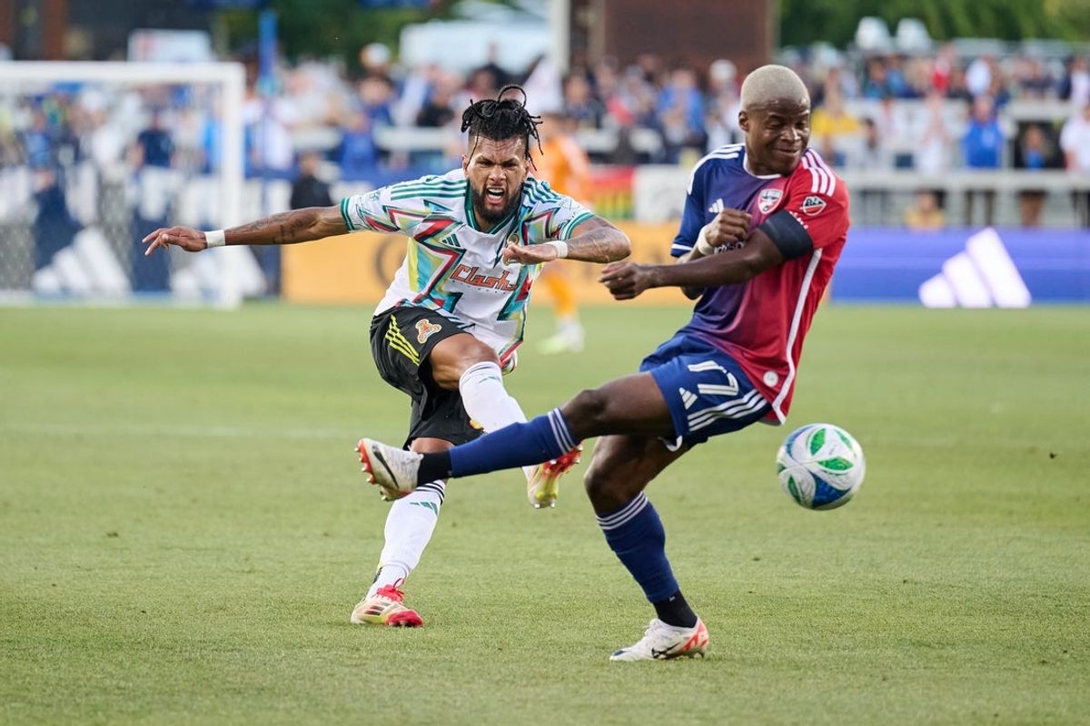 Jul 16, 2025; San Jose, California, USA; San Jose Earthquakes midfielder Beau Leroux (34) plays the ball against FC Dallas midfielder Ramiro (17) during the first half at PayPal Park. Mandatory Credit: Robert Edwards-Imagn Images