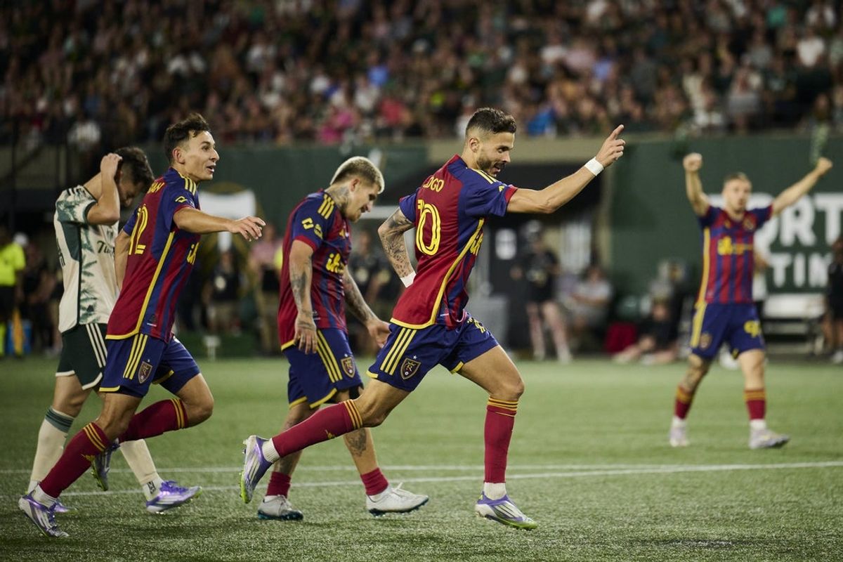 Jul 16, 2025; Portland, Oregon, USA; Real Salt Lake midfielder Diogo Goncalves (10) celebrates after scoring a goal in the second half against the Portland Timbers at Providence Park. Mandatory Credit: Troy Wayrynen-Imagn Images