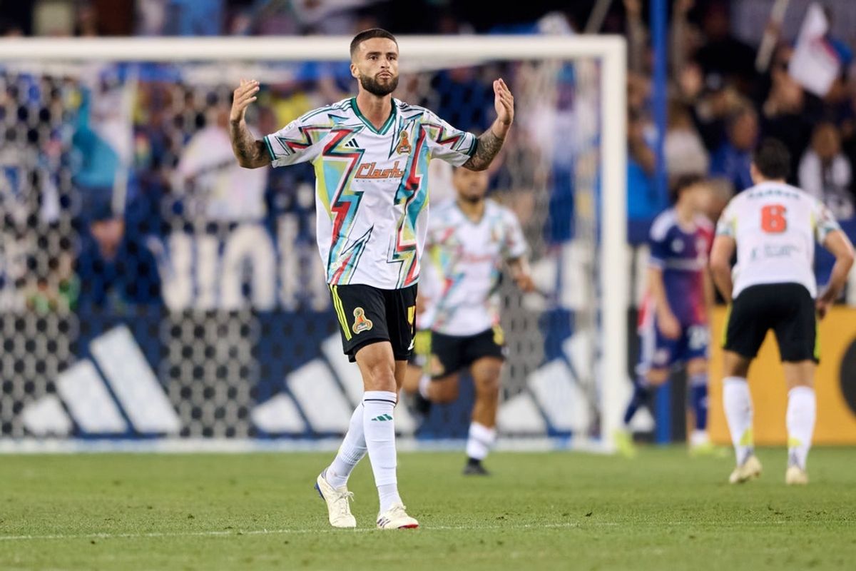 Jul 16, 2025; San Jose, California, USA; San Jose Earthquakes defender Bruno Wilson (4) reacts after the Earthquakes scored the tying goal against FC Dallas late in the second half at PayPal Park. Mandatory Credit: Robert Edwards-Imagn Images