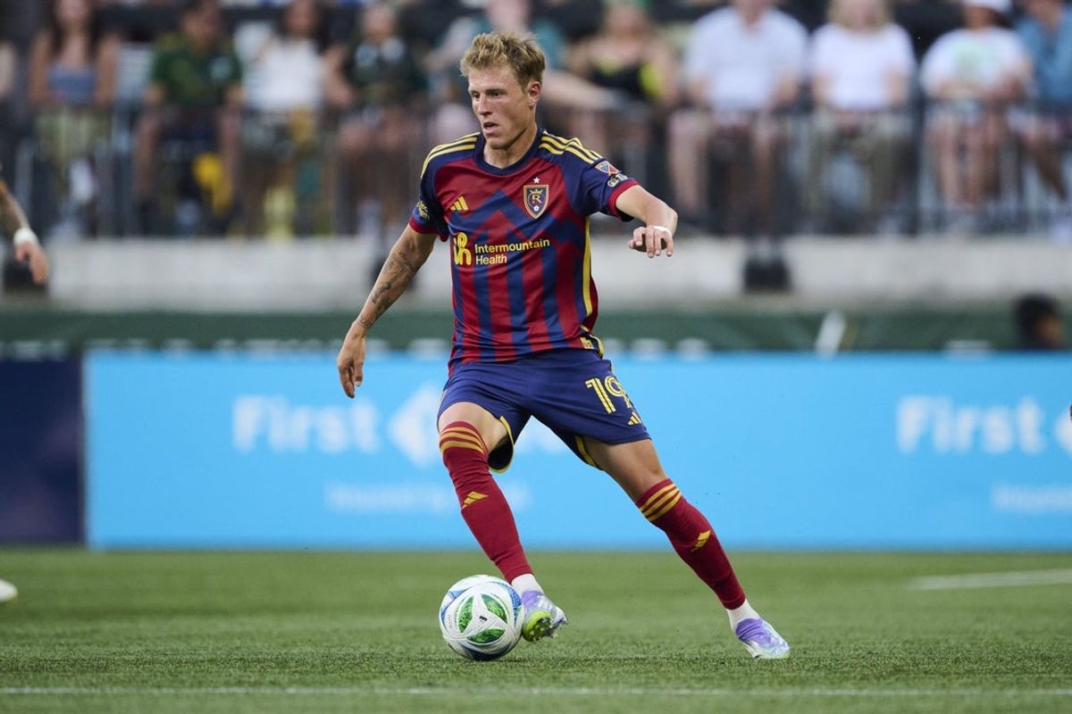 Jul 16, 2025; Portland, Oregon, USA; Real Salt Lake midfielder Bode Hidalgo (19) controls the ball during the first half against the Portland Timbers at Providence Park. Mandatory Credit: Troy Wayrynen-Imagn Images