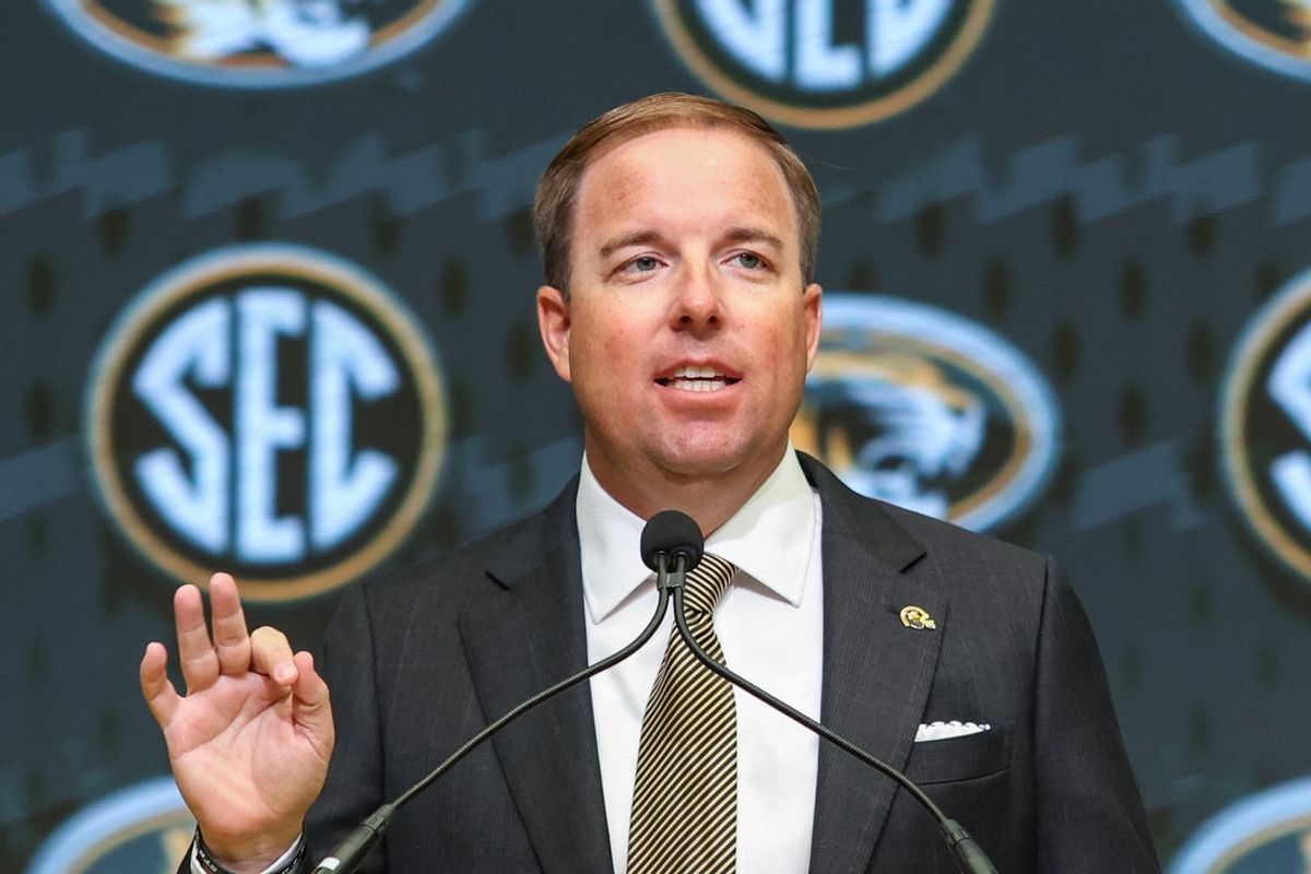 Jul 17, 2025; Atlanta, GA, USA; Missouri Tigers head coach Eliah Drinkwitz talks to the media during the SEC Media Days at Omni Atlanta Hotel. Mandatory Credit: Jordan Godfree-Imagn Images