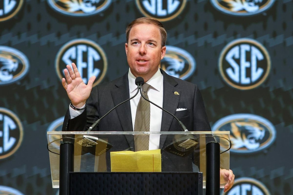 Jul 17, 2025; Atlanta, GA, USA; Missouri Tigers head coach Eliah Drinkwitz talks to the media during the SEC Media Days at Omni Atlanta Hotel. Mandatory Credit: Jordan Godfree-Imagn Images