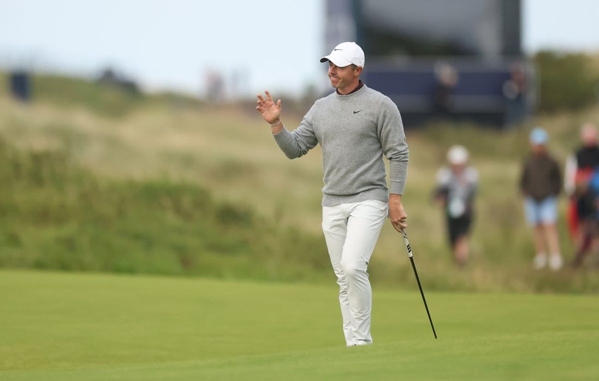 Jul 17, 2025; Portrush, IRL; Rory McIlroy reacts on the 18th hole during the first round of The 153rd Open Championship golf tournament at Royal Portrush. Mandatory Credit: Mike Frey-Imagn Images