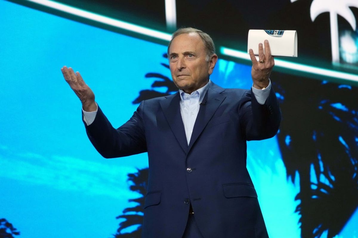 Jun 27, 2025; Los Angeles, California, USA; NHL commissioner Gary Bettman speaks during the first round of the 2025 NHL Draft at Peacock Theater. Mandatory Credit: Kirby Lee-Imagn Images