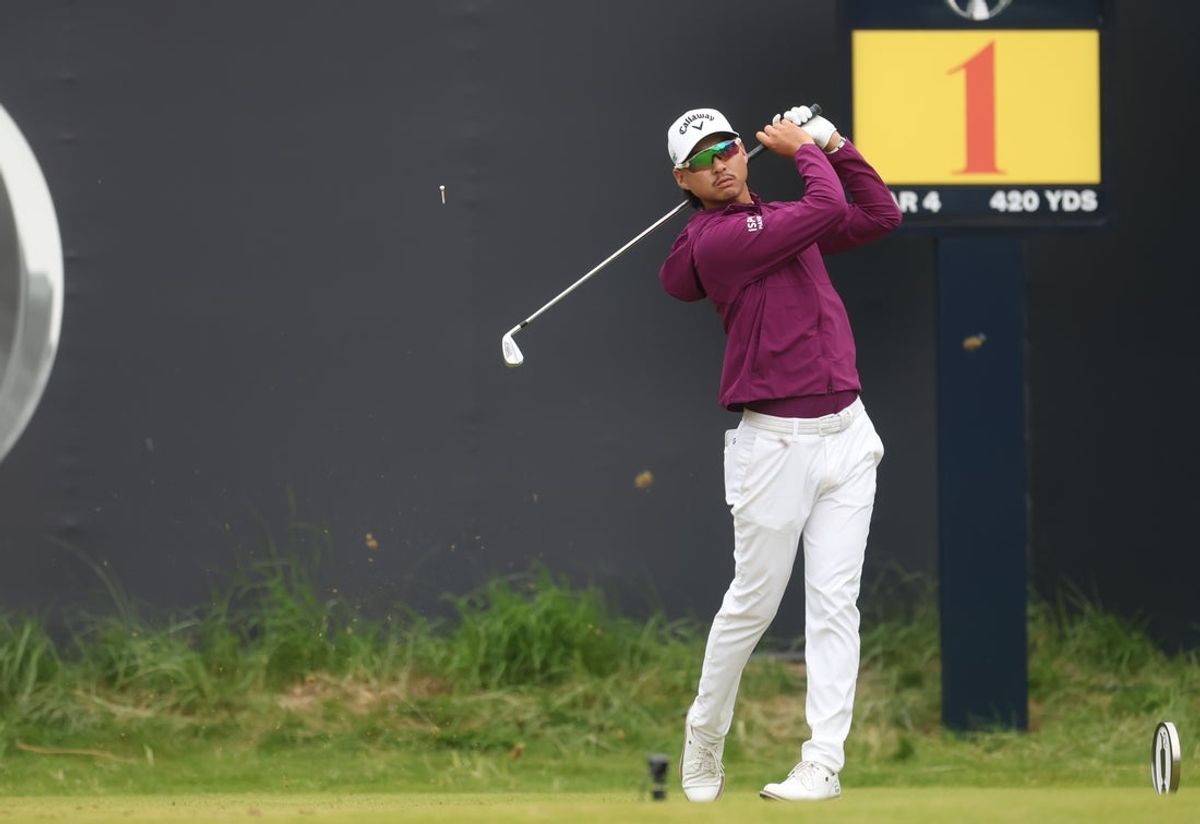 Jul 18, 2025; Portrush, IRL; Min Woo Lee tees off on the first hole during the second round of The 153rd Open Championship golf tournament. Mandatory Credit: Mike Frey-Imagn Images