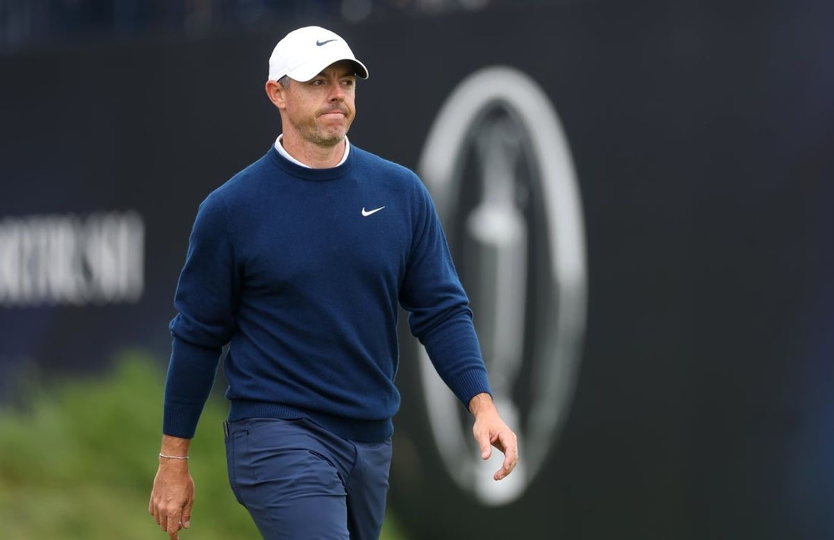 Jul 18, 2025; Portrush, IRL; Rory McIlroy on the first hole during the second round of The 153rd Open Championship golf tournament. Mandatory Credit: Mike Frey-Imagn Images