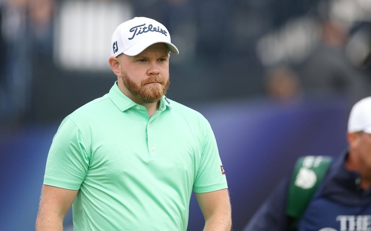 Jul 18, 2025; Portrush, IRL; Nathan Kimsey on the first hole during the second round of The 153rd Open Championship golf tournament. Mandatory Credit: Mike Frey-Imagn Images