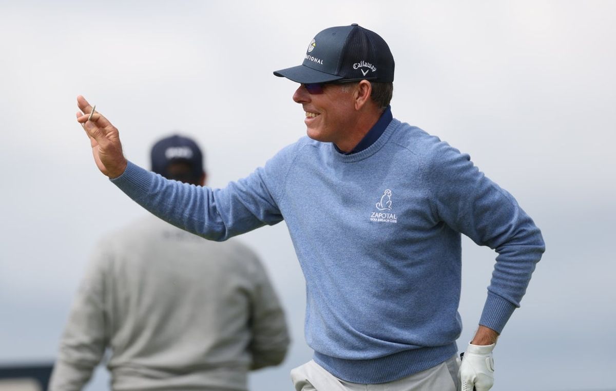 Jul 18, 2025; Portrush, IRL; Justin Leonard reacts after teeing off on the 13th hole during the second round of The 153rd Open Championship golf tournament. Mandatory Credit: Mike Frey-Imagn Images