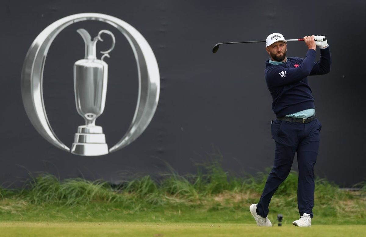 Jul 17, 2025; Portrush, IRL; Jon Rahm tees off on the first hole during the first round of The 153rd Open Championship golf tournament at Royal Portrush. Mandatory Credit: Mike Frey-Imagn Images
