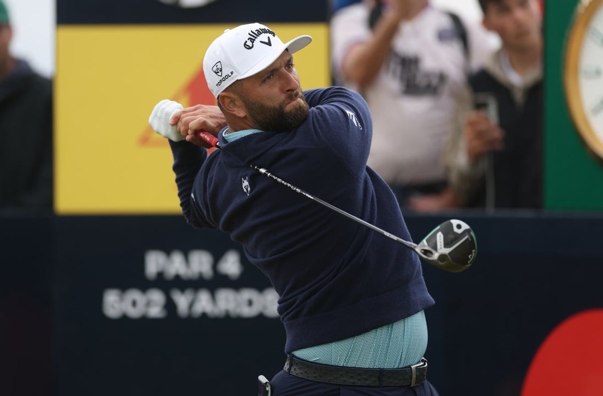 Jul 17, 2025; Portrush, IRL; Jon Rahm tees off on the 3rd hole during the first round of The 153rd Open Championship golf tournament at Royal Portrush. Mandatory Credit: Mike Frey-Imagn Images