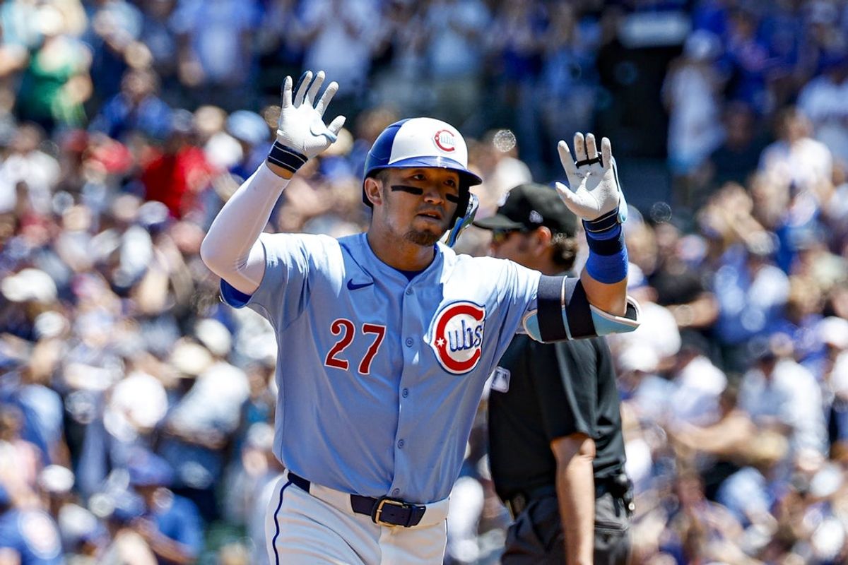 Jul 18, 2025; Chicago, Illinois, USA; Chicago Cubs designated hitter Seiya Suzuki (27) rounds the bases after hitting a three-run home run against the Boston Red Sox during the first inning at Wrigley Field. Mandatory Credit: Kamil Krzaczynski-Imagn Images