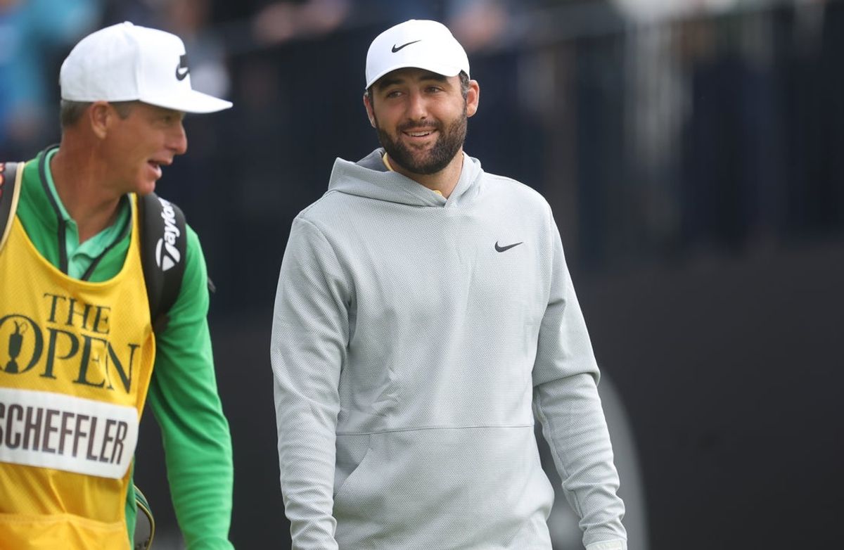 Jul 18, 2025; Portrush, IRL; Scottie Scheffler on the first hole during the second round of The 153rd Open Championship golf tournament. Mandatory Credit: Mike Frey-Imagn Images