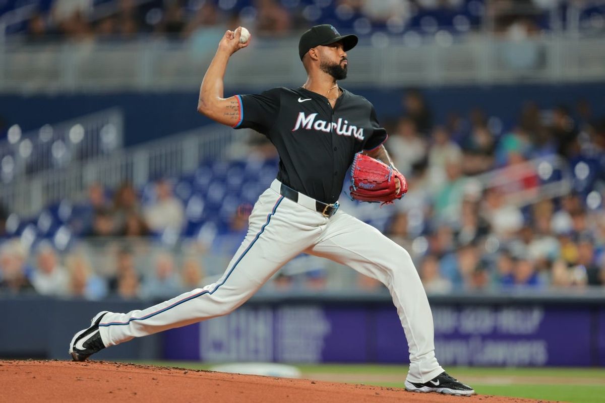 Jul 18, 2025; Miami, Florida, USA; Miami Marlins starting pitcher Sandy Alcantara (22) delivers a pitch against the Kansas City Royals during the first inning at loanDepot Park. Mandatory Credit: Sam Navarro-Imagn Images