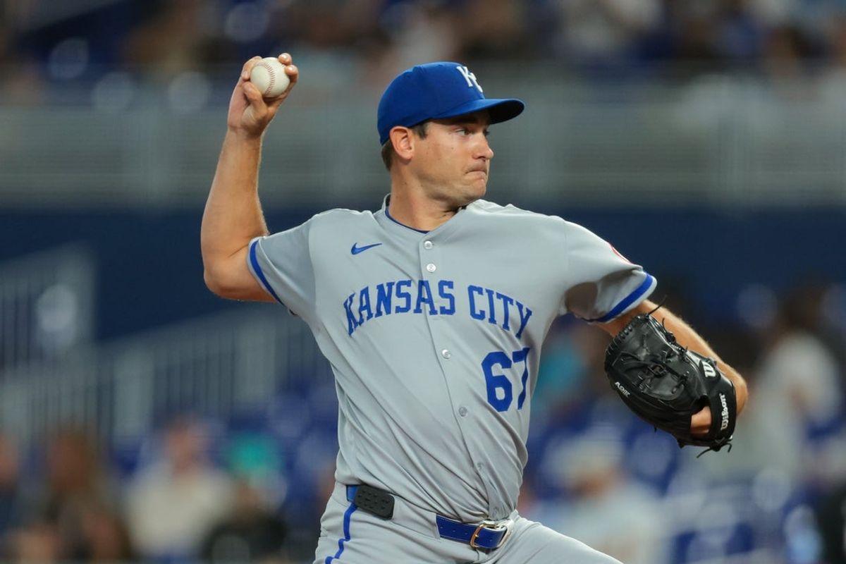 Jul 18, 2025; Miami, Florida, USA; Kansas City Royals starting pitcher Seth Lugo (67) delivers a pitch against the Miami Marlins during the first inning at loanDepot Park. Mandatory Credit: Sam Navarro-Imagn Images