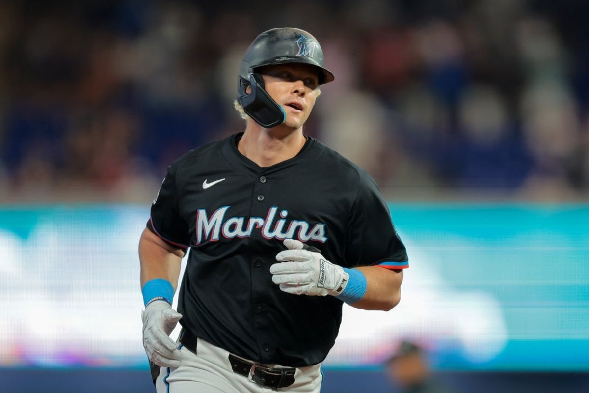 Jul 18, 2025; Miami, Florida, USA; Miami Marlins left fielder Kyle Stowers (28) circles the bases after hitting a solo home run against the Kansas City Royals during the first inning at loanDepot Park. Mandatory Credit: Sam Navarro-Imagn Images