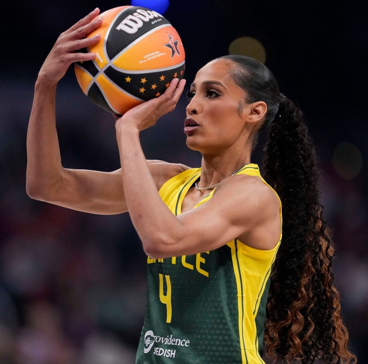 Seattle Storm's Skylar Diggins (4) competes Friday, July 18, 2025, during the WNBA All-Star skills contest at Gainbridge Fieldhouse in Indianapolis.
