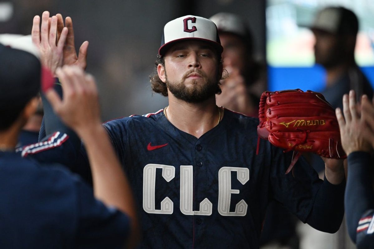 Jul 18, 2025; Cleveland, Ohio, USA; Cleveland Guardians starting pitcher Slade Cecconi (44) celebrates during the sixth inning against the Athletics at Progressive Field. Mandatory Credit: Ken Blaze-Imagn Images