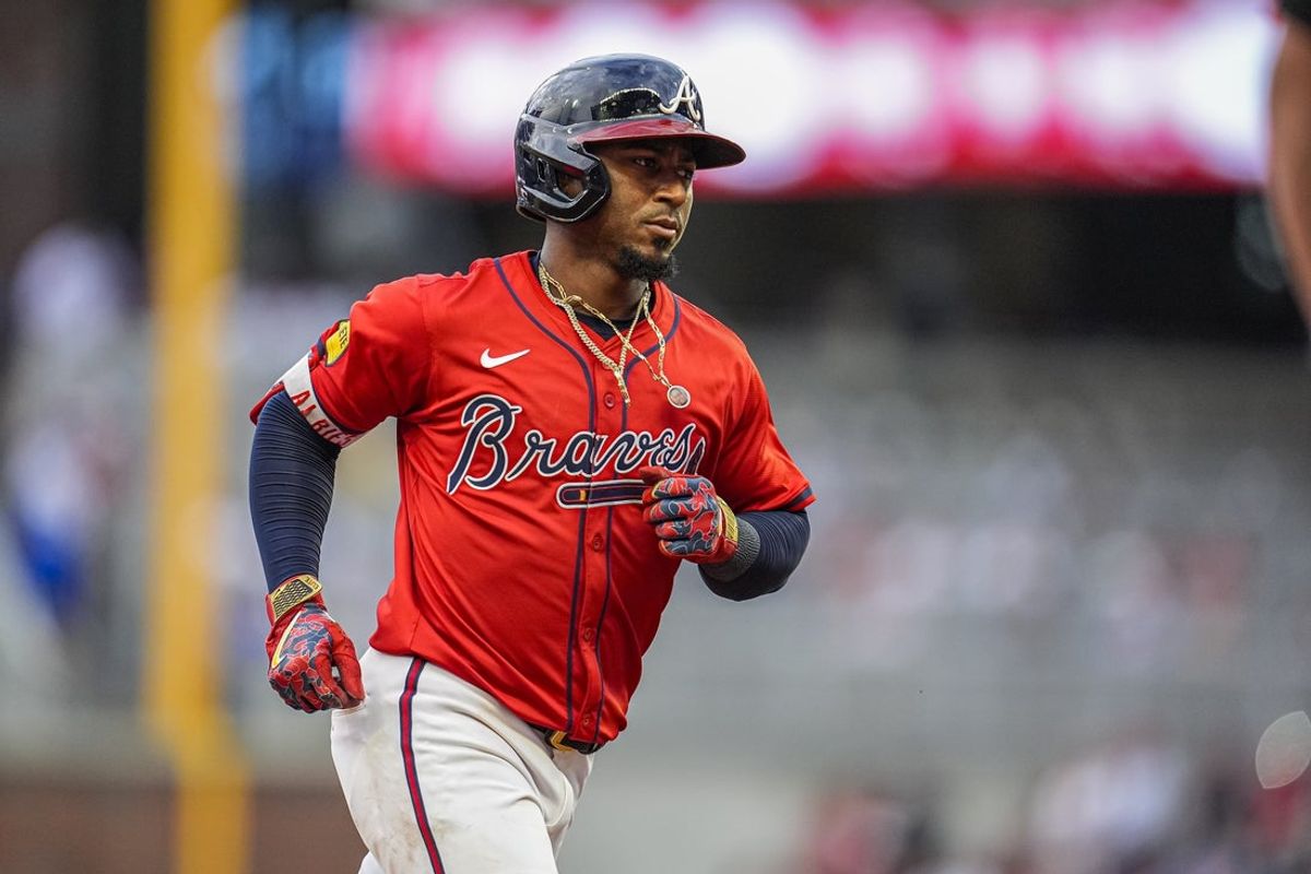 Jul 18, 2025; Cumberland, Georgia, USA; Atlanta Braves second baseman Ozzie Albies (1) reacts after hitting a three run home run against the New York Yankees during the third inning at Truist Park. Mandatory Credit: Dale Zanine-Imagn Images