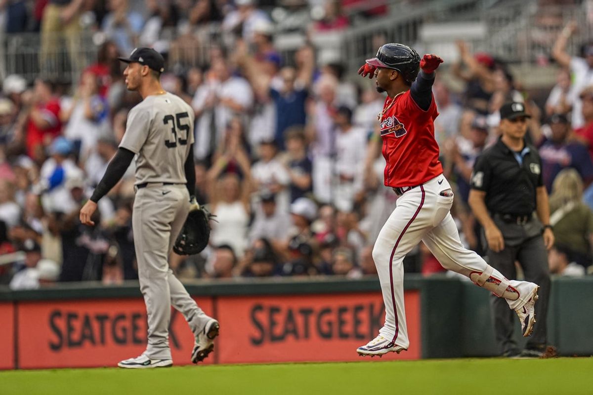 Jul 18, 2025; Cumberland, Georgia, USA; Atlanta Braves second baseman Ozzie Albies (1) reacts after hitting a three run home run against the New York Yankees during the third inning at Truist Park. Mandatory Credit: Dale Zanine-Imagn Images