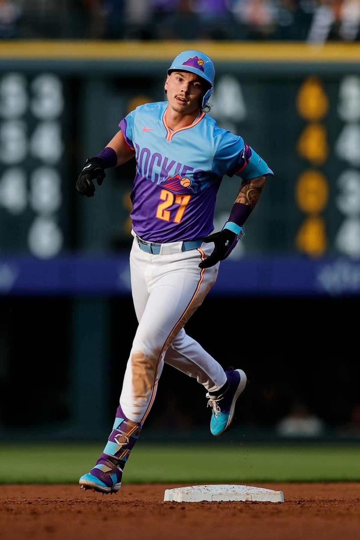 Jul 18, 2025; Denver, Colorado, USA; Colorado Rockies left fielder Jordan Beck (27) rounds the bases on a solo home run in the second inning against the Minnesota Twins at Coors Field. Mandatory Credit: Isaiah J. Downing-Imagn Images