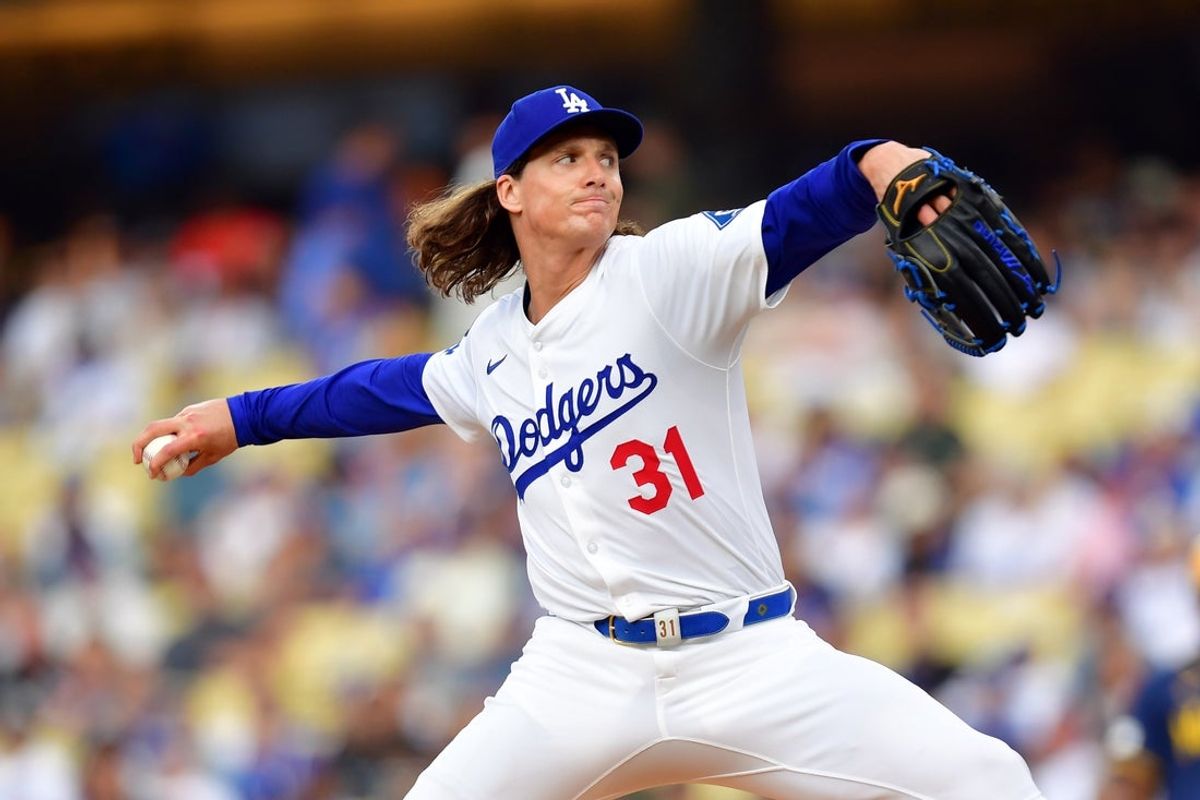 Jul 18, 2025; Los Angeles, California, USA; Los Angeles Dodgers pitcher Tyler Glasnow (31) pitches in the first inning against the Milwaukee Brewers at Dodger Stadium. Mandatory Credit: Gary A. Vasquez-Imagn Images