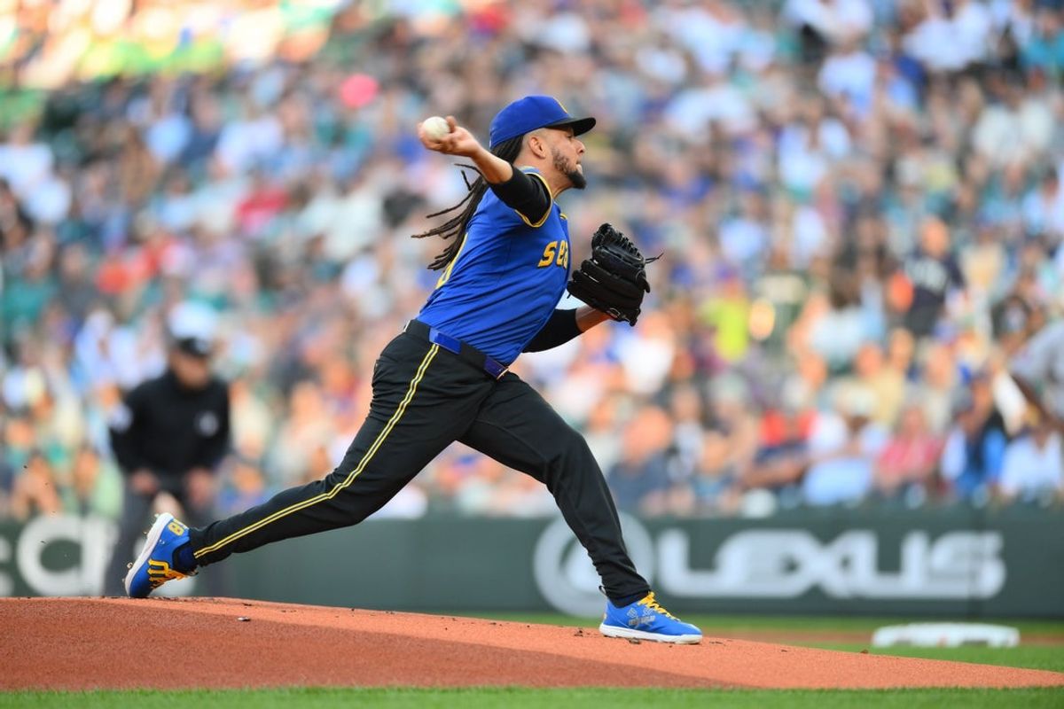 Jul 18, 2025; Seattle, Washington, USA; Seattle Mariners starting pitcher Luis Castillo (58) pitches to the Houston Astros during the first inning at T-Mobile Park. Mandatory Credit: Steven Bisig-Imagn Images