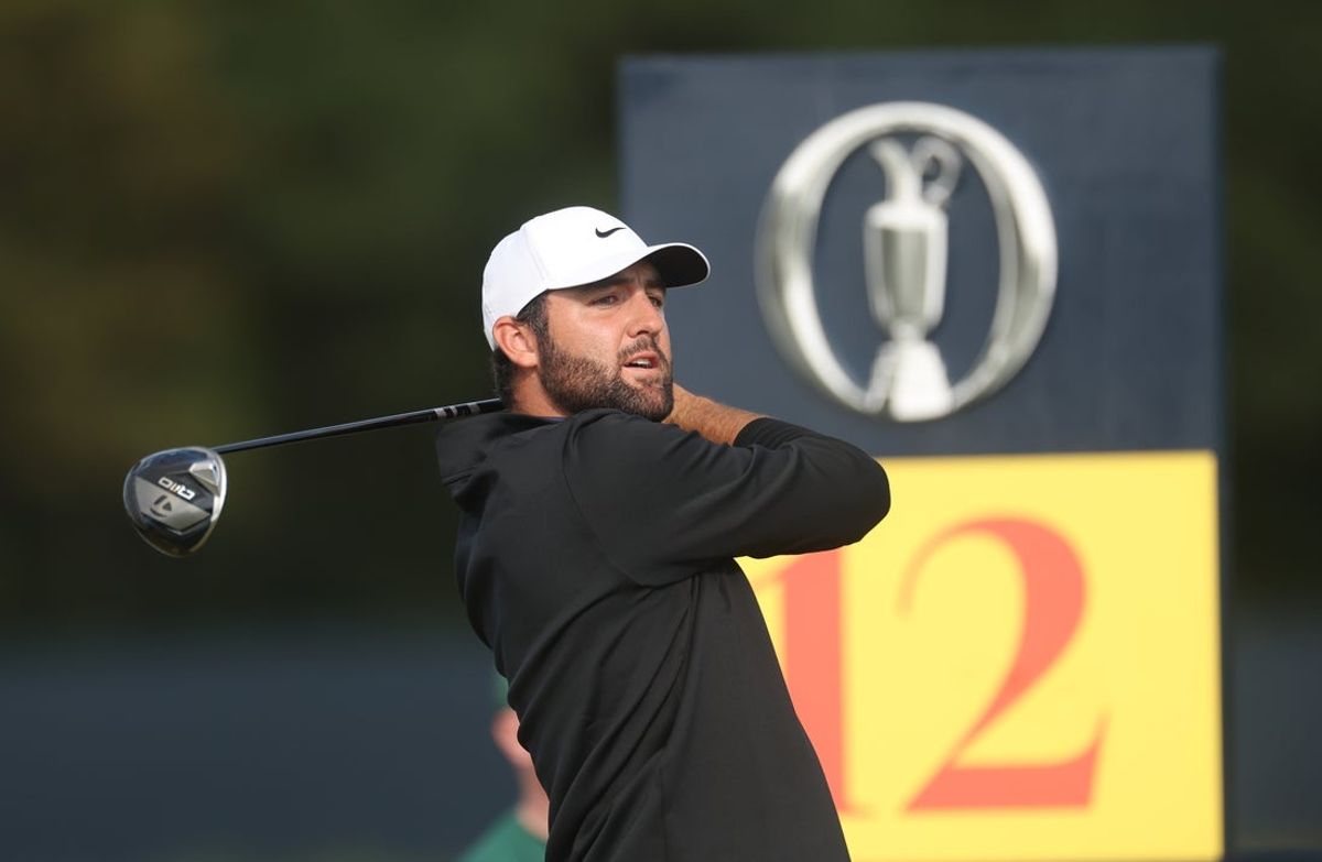 Jul 19, 2025; Portrush, IRL; Scottie Scheffler tees off on the 12th hole during the third round of The 153rd Open Championship golf tournament. Mandatory Credit: Mike Frey-Imagn Images