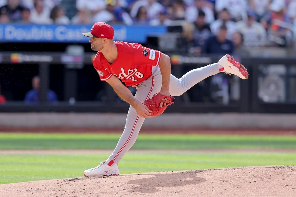 Jul 19, 2025; New York City, New York, USA; Cincinnati Reds starting pitcher Nick Martinez (28) follows through on a pitch against the New York Mets during the first inning at Citi Field. Mandatory Credit: Brad Penner-Imagn Images