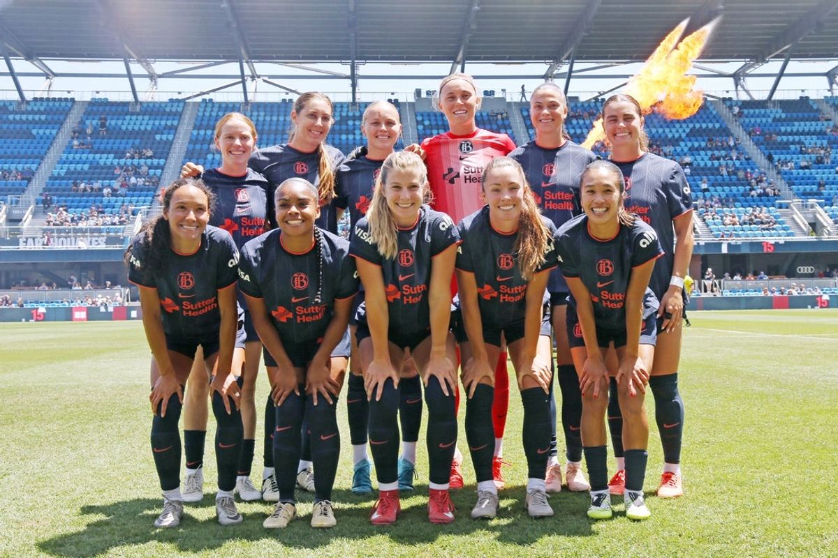 Jul 19, 2025; San Jose, California, USA;  The Bay FC starting 11 before their match against Angel City FC in the second half at PayPal Park. Mandatory Credit: David Gonzales-Imagn Images
