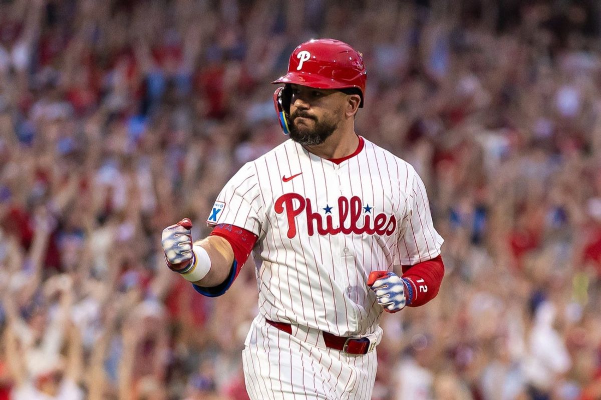Jul 19, 2025; Philadelphia, Pennsylvania, USA; Philadelphia Phillies outfielder Kyle Schwarber (12) runs the bases after hitting a grand slam home run during the sixth inning against the Los Angeles Angels at Citizens Bank Park. Mandatory Credit: Bill Streicher-Imagn Images