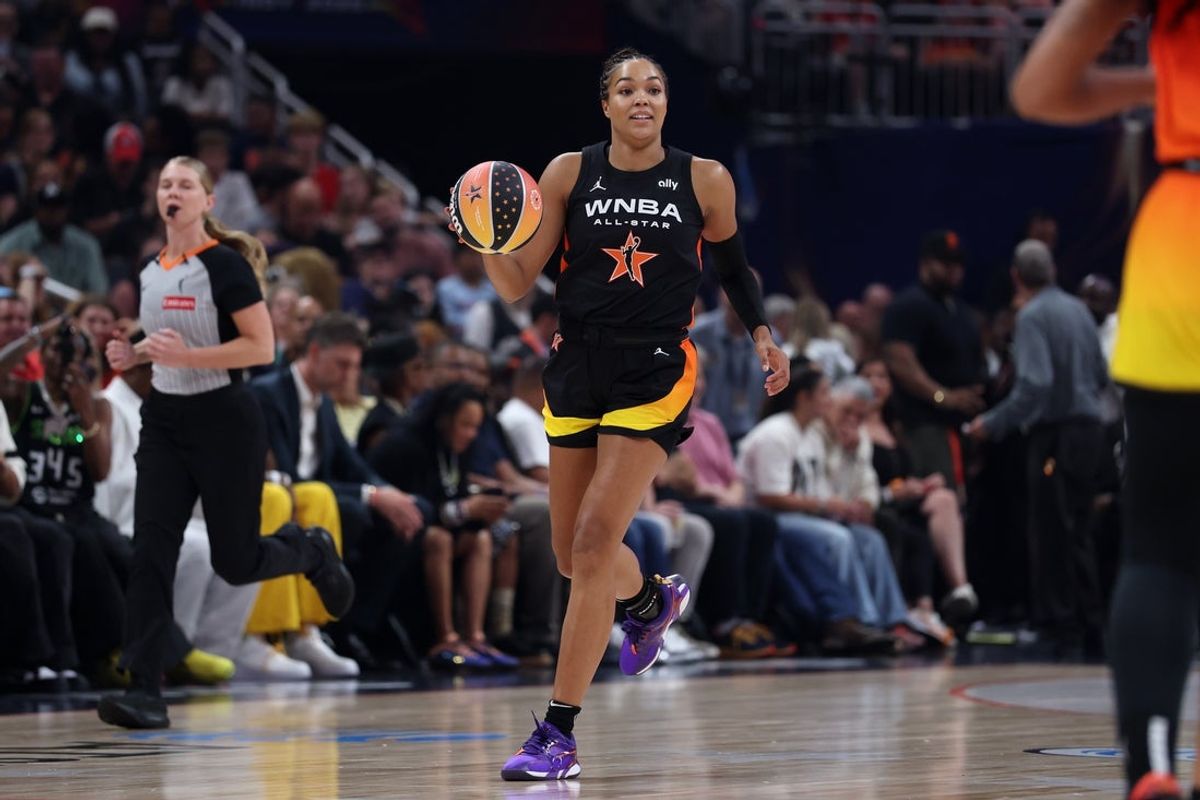 Jul 19, 2025; Indianapolis, IN, USA; Team Collier forward Napheesa Collier (24) controls the ball against Team Clark in the first quarter during the 2025 WNBA All Star Game at Gainbridge Fieldhouse. Mandatory Credit: Trevor Ruszkowski-Imagn Images