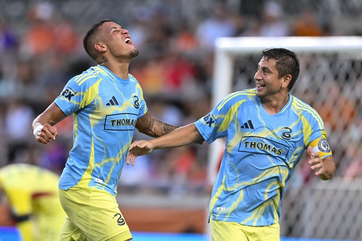 Jul 19, 2025; Houston, Texas, USA; Philadelphia Union midfielder Alejandro Bedoya (11) celebrates after scoring a goal with midfielder Jesus Bueno (8) in the first half against the Houston Dynamo FC at Shell Energy Stadium. Mandatory Credit: Maria Lysaker-Imagn Images