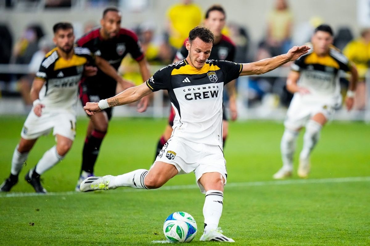Columbus Crew midfielder Daniel Gazdag (8) shoots a penalty shot in the first half of the game at Lower.com Field on Saturday, July 19, 2025 in Columbus, Ohio.