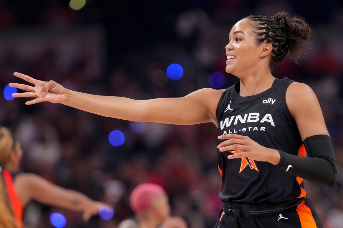 Minnesota Lynx's Napheesa Collier (24) celebrates a 4-pointer Saturday, July 19, 2025, during the WNBA All-Star Game at Gainbridge Fieldhouse in Indianapolis.
