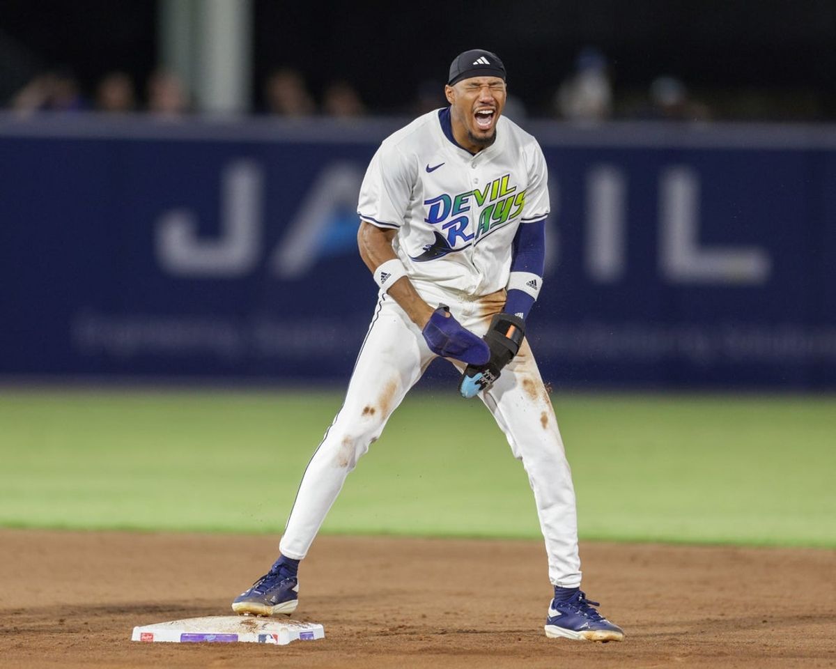 Jul 19, 2025; Tampa, Florida, USA; Tampa Bay Rays center fielder Chandler Simpson (14) steals second against the Baltimore Orioles in the eighth inning at George M. Steinbrenner Field. Mandatory Credit: Nathan Ray Seebeck-Imagn Images