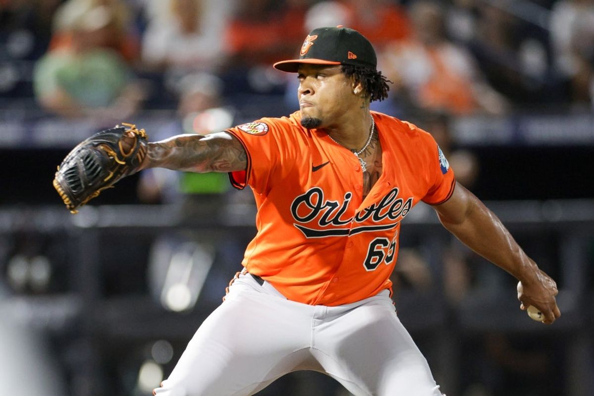 Jul 19, 2025; Tampa, Florida, USA; Baltimore Orioles pitcher Gregory Soto (65) throws a pitch against the Tampa Bay Rays in the eighth inning at George M. Steinbrenner Field. Mandatory Credit: Nathan Ray Seebeck-Imagn Images
