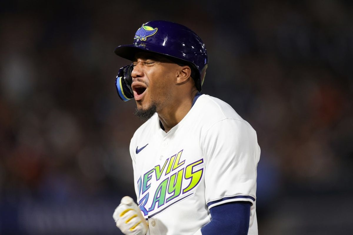 Jul 19, 2025; Tampa, Florida, USA; Tampa Bay Rays center fielder Chandler Simpson (14) reacts after hitting an rbi single against the Baltimore Orioles in the eighth inning at George M. Steinbrenner Field. Mandatory Credit: Nathan Ray Seebeck-Imagn Images